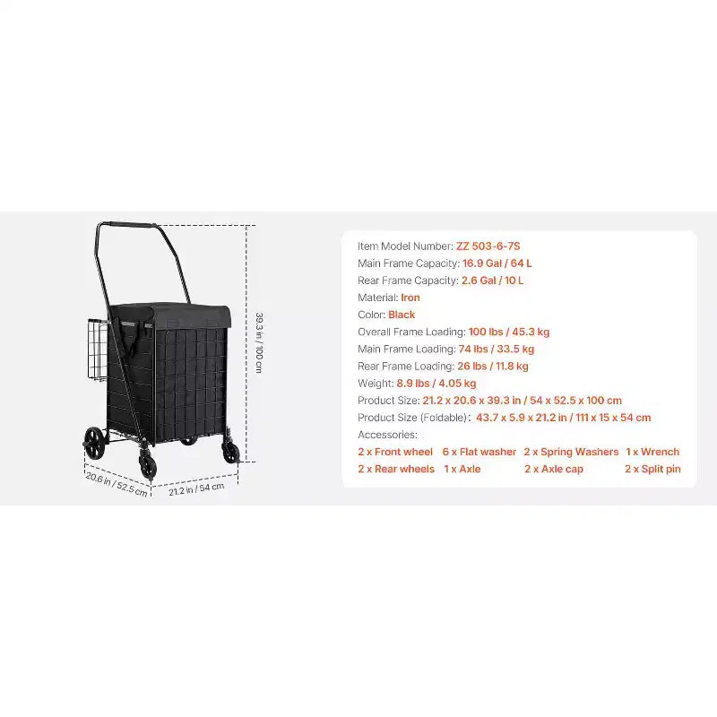 Carrello Portaspesa Pieghevole con Due Cesti, Fodera Impermeabile e Ruote, Capacità 45 kg, Nero