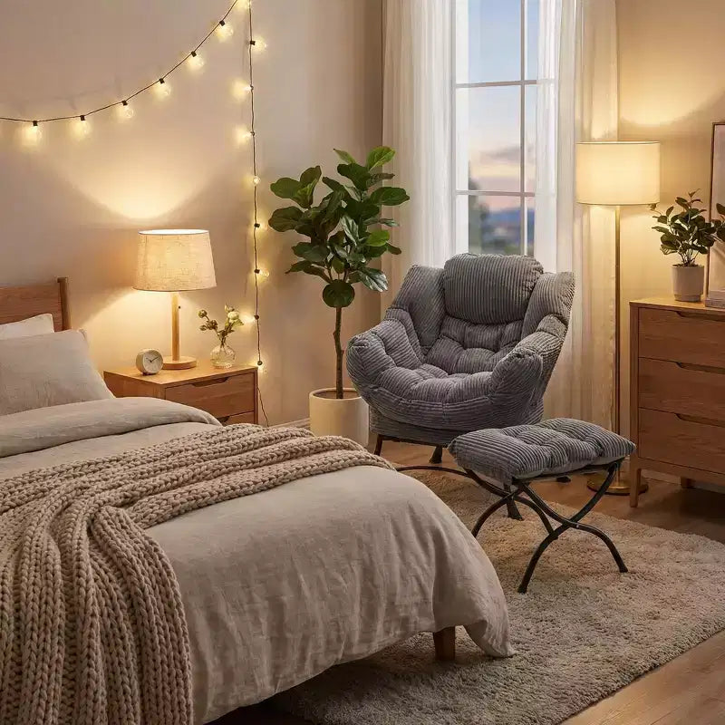 Poltrona lounge in velluto a coste con pouf, poltroncina imbottita con struttura in metallo e tasca laterale per soggiorno o camera da letto