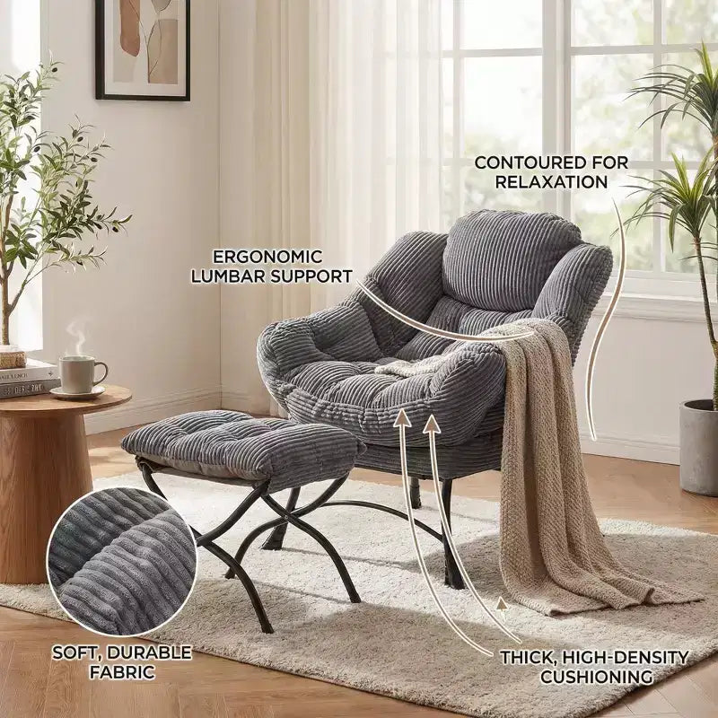 Poltrona lounge in velluto a coste con pouf, poltroncina imbottita con struttura in metallo e tasca laterale per soggiorno o camera da letto
