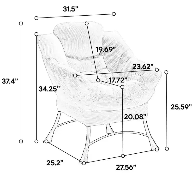 Poltrona lounge in velluto a coste con pouf, poltroncina imbottita con struttura in metallo e tasca laterale per soggiorno o camera da letto