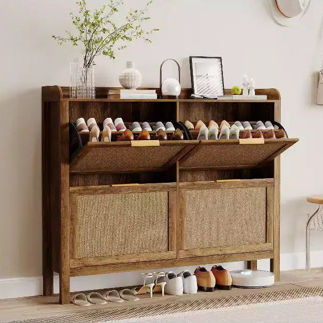 Farmhouse-style rattan shoe cabinet, 47-inch shoe rack with 4 flip-top drawers, freestanding narrow shoe rack with concealed gold handles and shelves