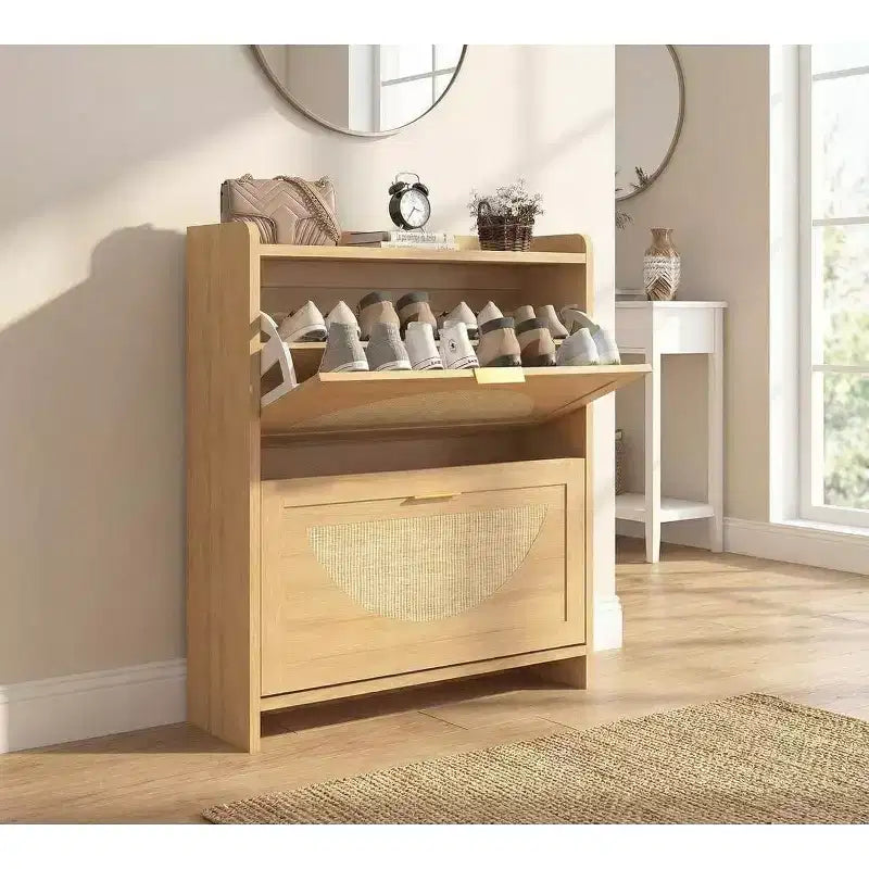 Rattan Shoe Cabinet with 2 Flip Drawers, Natural Wood Shoe Storage Cabinet for Entryway, Hallway, or Living Room