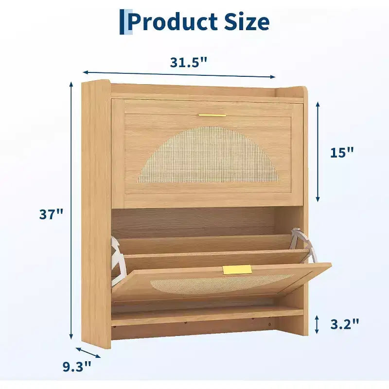 Armadietto portascarpe con 2 cassetti a ribalta – Frontale in rattan, struttura in legno