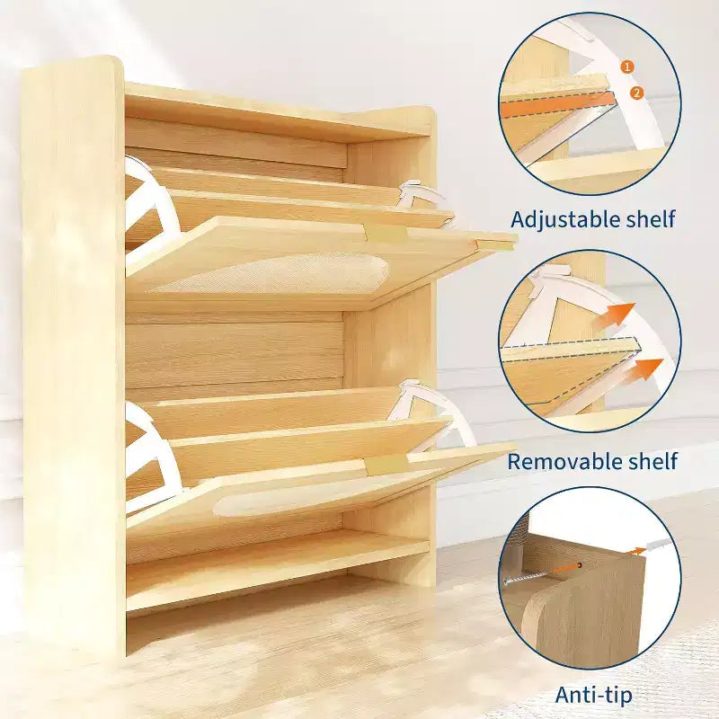 Armadietto portascarpe con 2 cassetti a ribalta – Frontale in rattan, struttura in legno