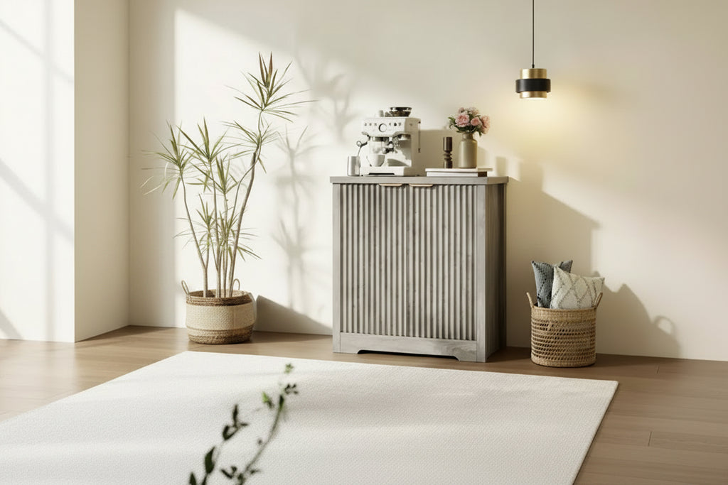 Credenza a Buffet in Legno Scanalato con Ante e Ripiani