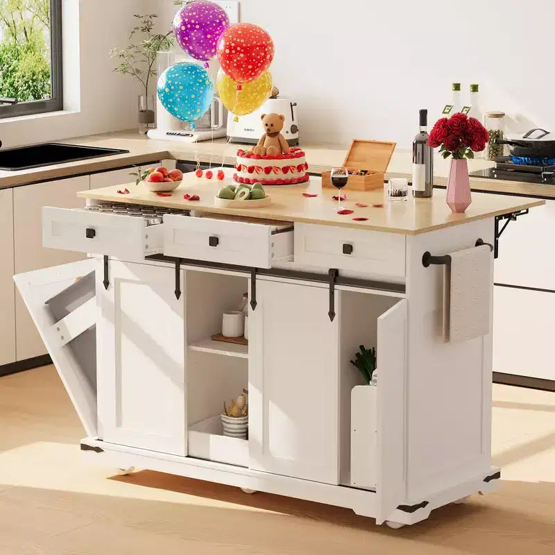 Isola Cucina da 53.9" con Anta a Ribalta, 3 Cassetti, Vano per Pattumiera e Ruote Bloccabili