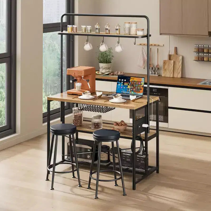 Isola da Cucina con Presa Elettrica e 2 Sgabelli da Bar
