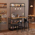 Industrial Kitchen Island with Power Outlet & 2 Bar Stools, 3-Tier Shelves Bakers Rack with 5 Hooks, Microwave Stand Coffee Bar Table for Dining Room
