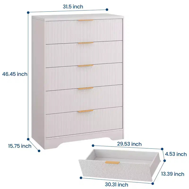 Cassettiera a 5 cassetti con pannelli scanalati e maniglie dorate, altezza 120 cm