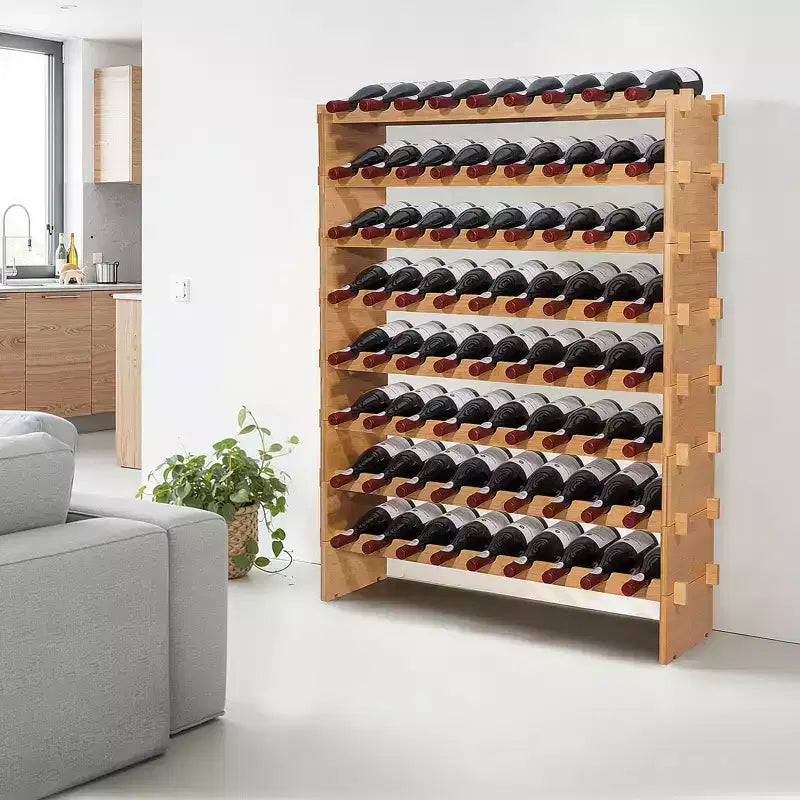 Portabottiglie modulare impilabile da 72 bottiglie, scaffale per vino da terra a 8 ripiani con ripiani senza oscillazione, marrone