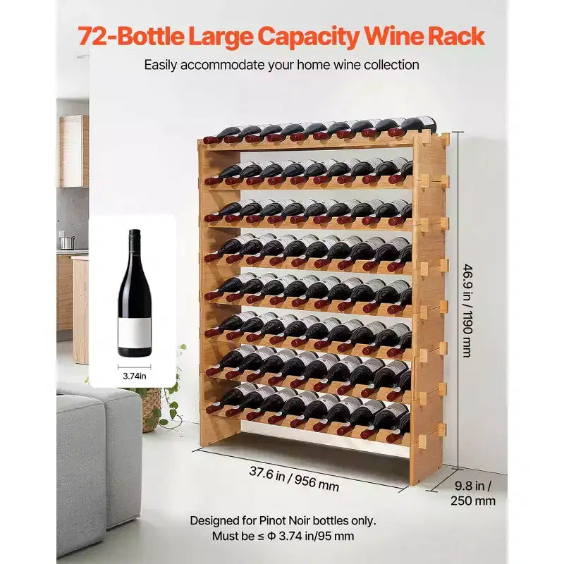 Portabottiglie modulare impilabile da 72 bottiglie, scaffale per vino da terra a 8 ripiani con ripiani senza oscillazione, marrone