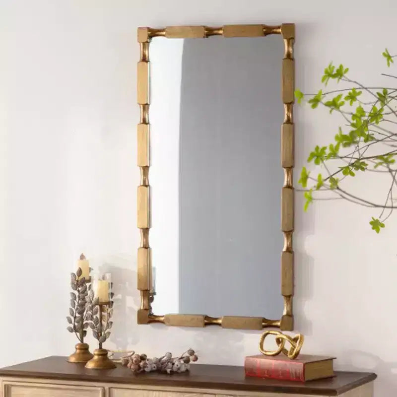 Gold Bamboo-Style Rectangular Wall Mirror with Textured Frame for Home Decor