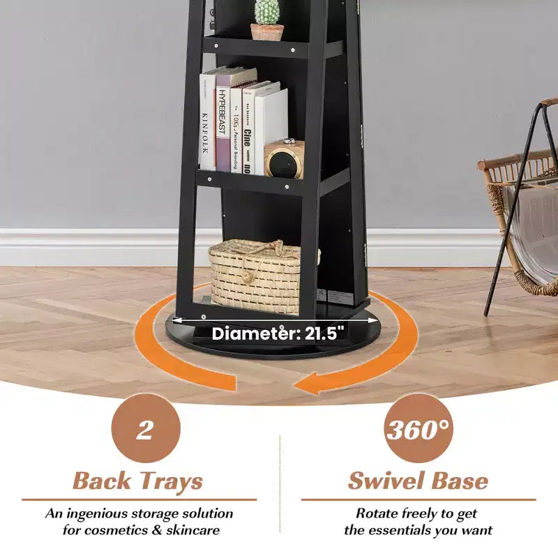 Portagioie con Specchio Girevole a 360° con Luci LED, Richiudibile a Chiave, Nero