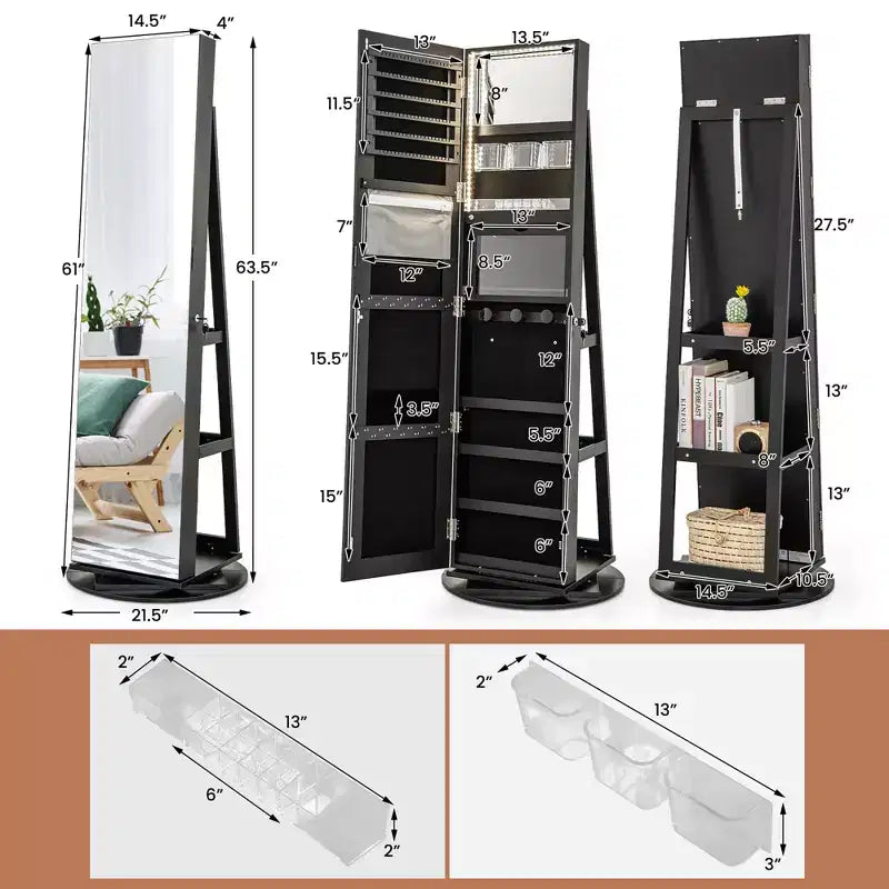 Portagioie con Specchio Girevole a 360° con Luci LED, Richiudibile a Chiave, Nero