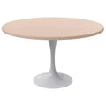 LeisureMod Verve Mid-Century Modern Table with a 48 Round MDF Tabletop and White Steel Pedestal Base for Kitchen and Dining Room in Light Natural