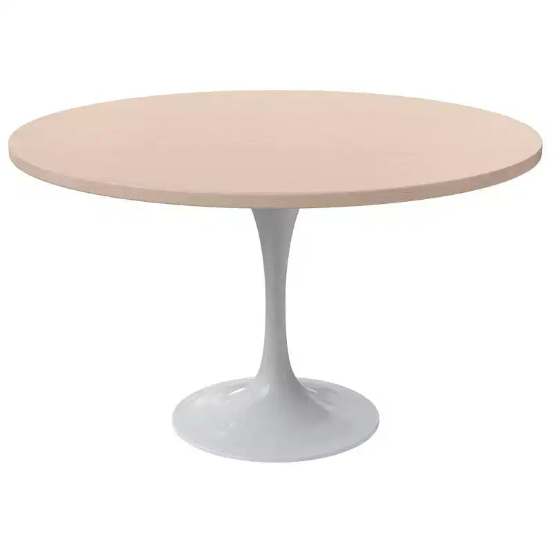 LeisureMod Verve Mid-Century Modern Table with a 48 Round MDF Tabletop and White Steel Pedestal Base for Kitchen and Dining Room in Light Natural
