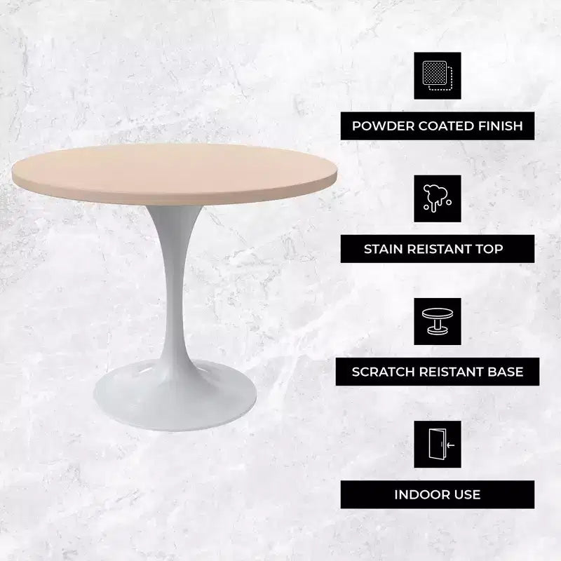 Tavolo da pranzo rotondo con piano in MDF e base a piedistallo in acciaio, 122 cm, bianco