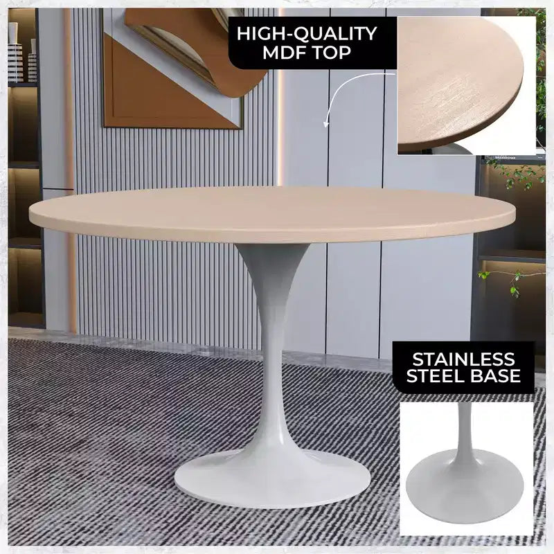 Tavolo da pranzo rotondo con piano in MDF e base a piedistallo in acciaio, 122 cm, bianco