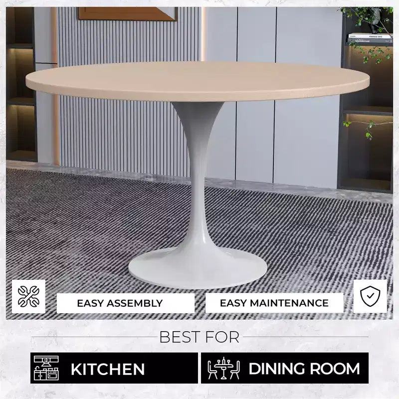 Tavolo da pranzo rotondo con piano in MDF e base a piedistallo in acciaio, 122 cm, bianco