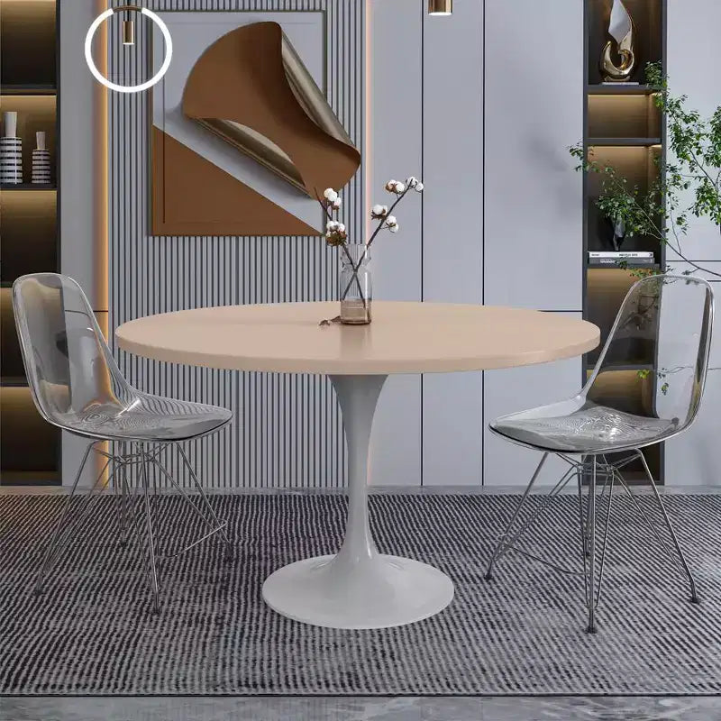 Tavolo da pranzo rotondo con piano in MDF e base a piedistallo in acciaio, 122 cm, bianco