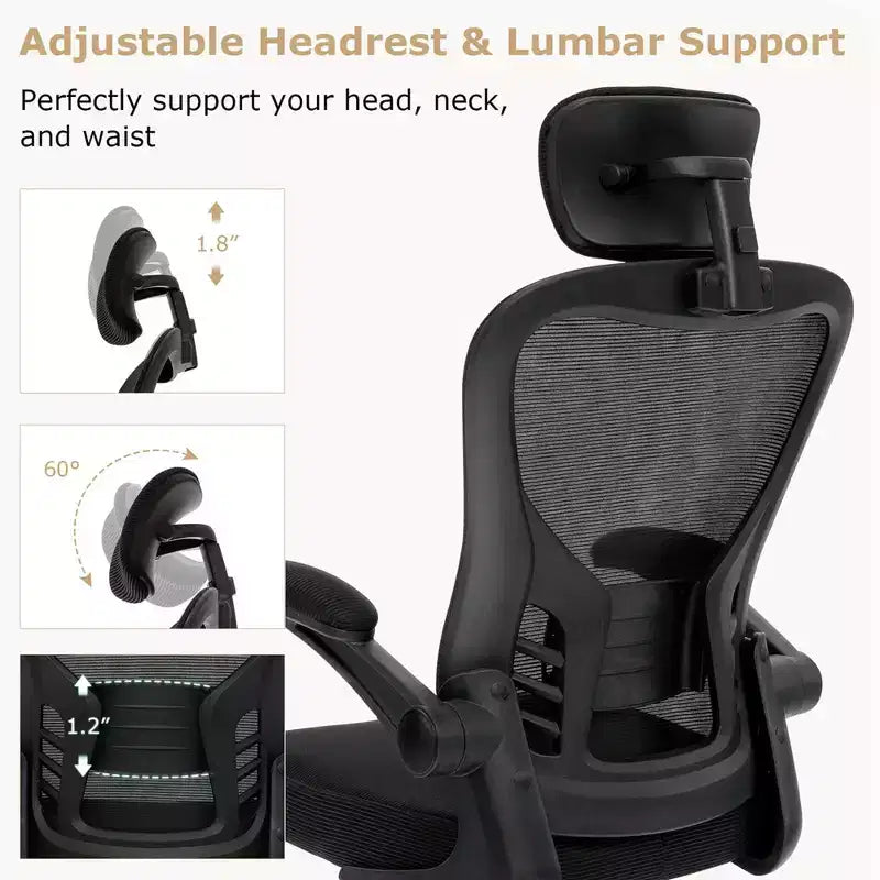 Sedia da ufficio ergonomica in rete con altezza e poggiatesta regolabili, nera