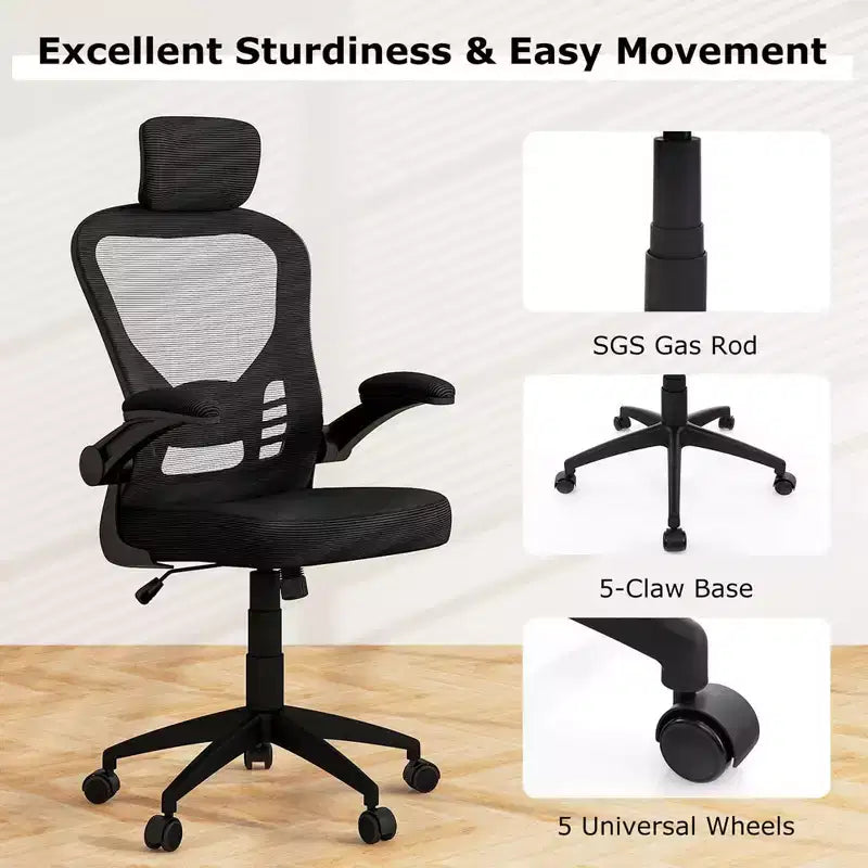 Sedia da ufficio ergonomica in rete con altezza e poggiatesta regolabili, nera