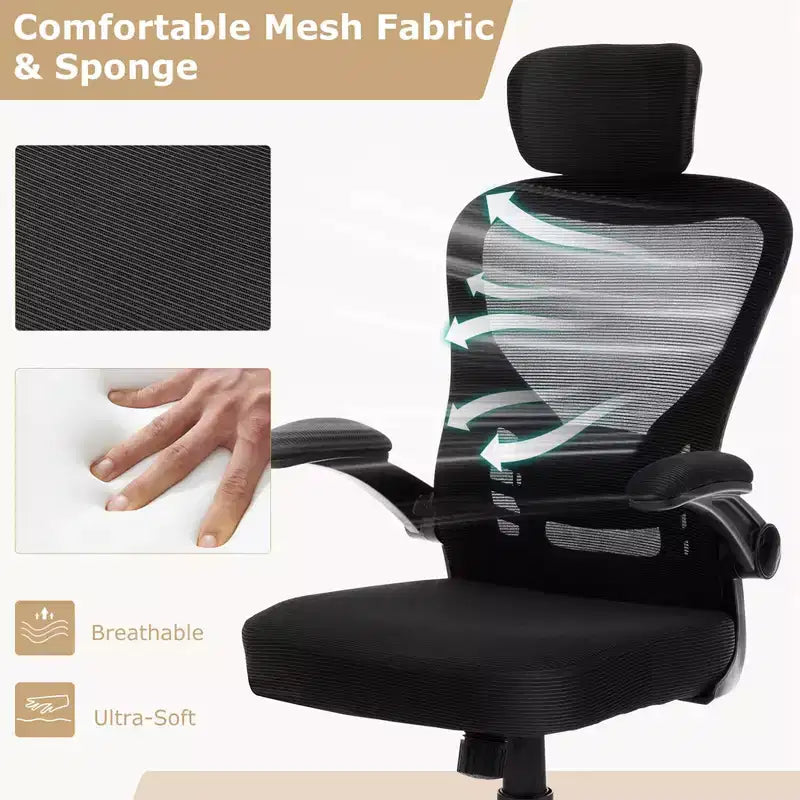Sedia da ufficio ergonomica in rete con altezza e poggiatesta regolabili, nera