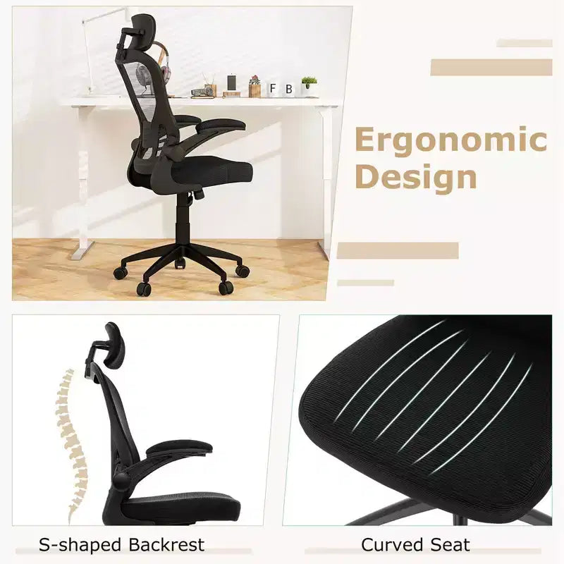 Sedia da ufficio ergonomica in rete con altezza e poggiatesta regolabili, nera
