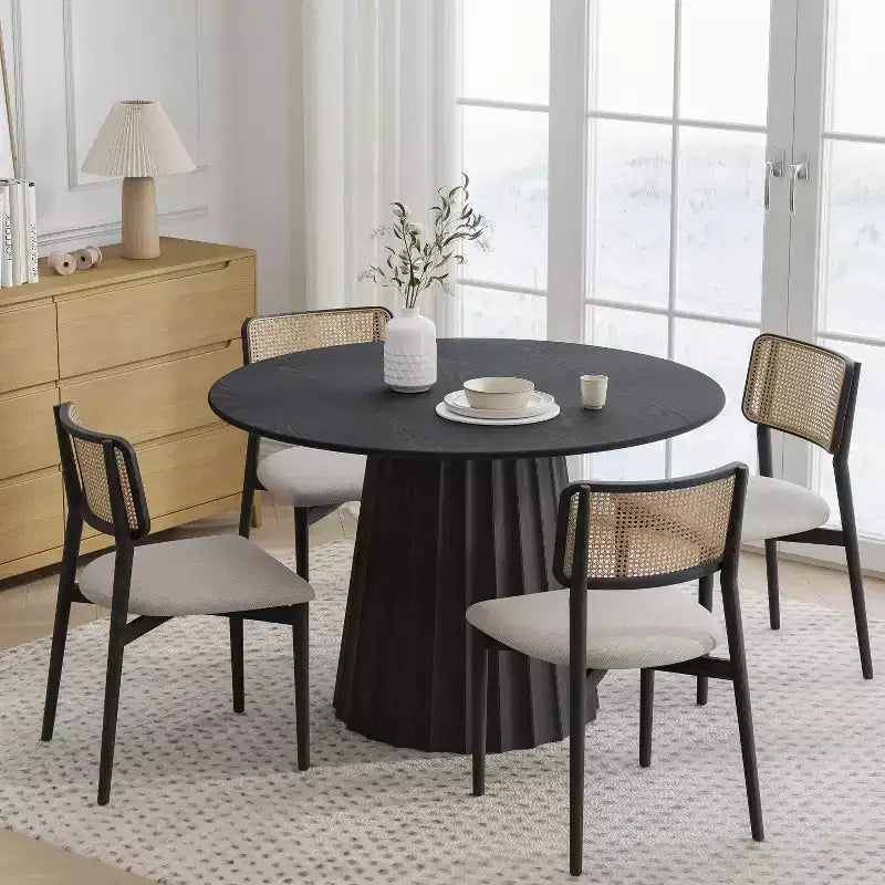 Tavolo da pranzo rotondo con base a piedistallo – Legno, Nero, Diverse misure