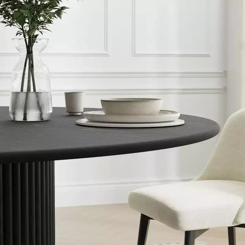 Tavolo da pranzo rotondo con base a piedistallo – Legno, Nero, Diverse misure