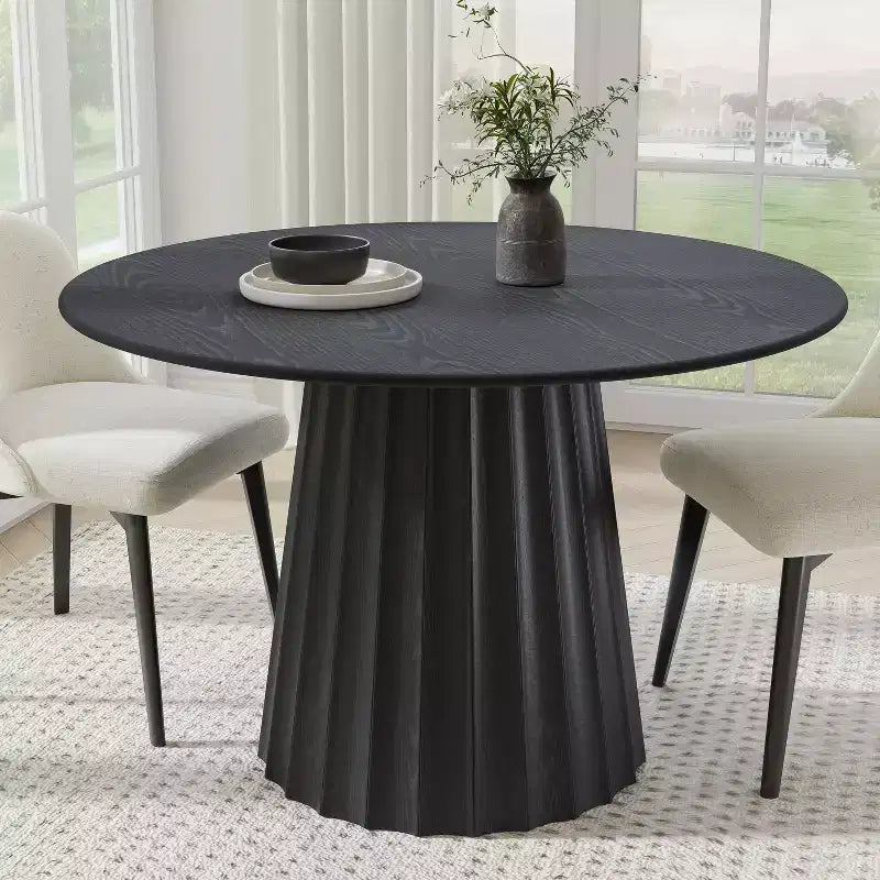 Tavolo da pranzo rotondo con base a piedistallo – Legno, Nero, Diverse misure